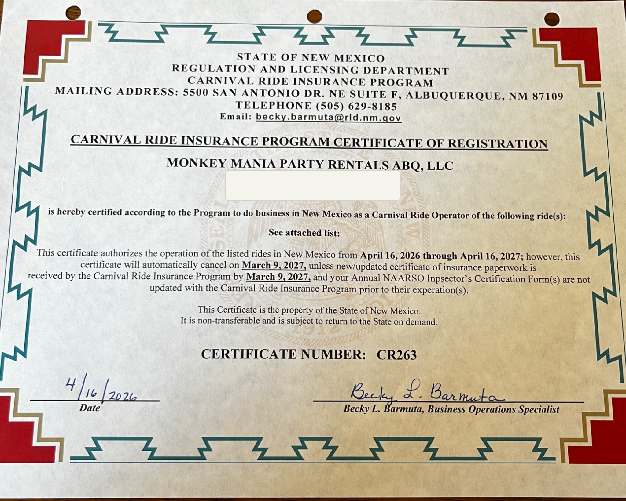 Redacted New Mexico Carnival Ride Operator registration certificate for Monkey Mania Party Rentals