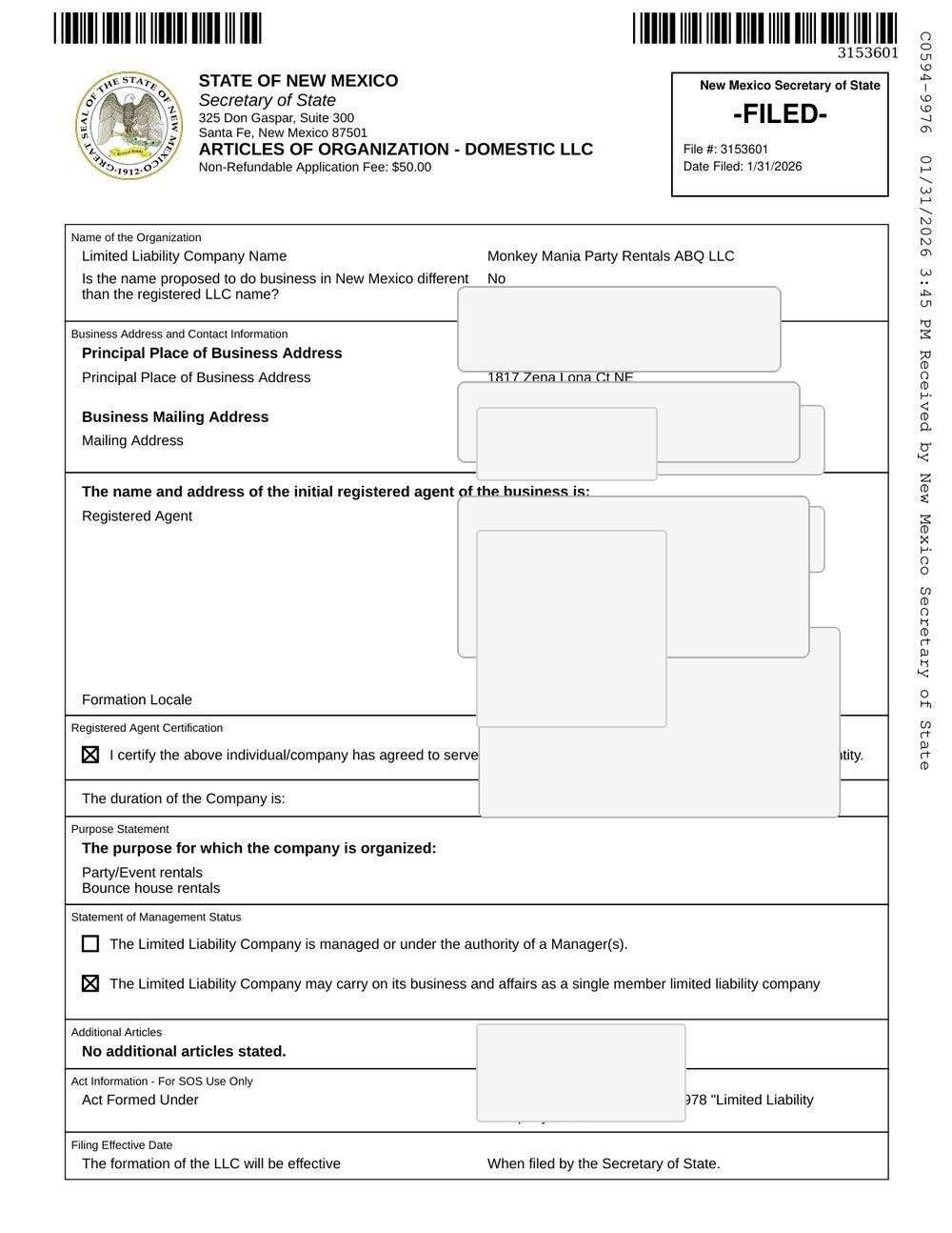 Redacted New Mexico Secretary of State LLC Articles of Organization for Monkey Mania Party Rentals